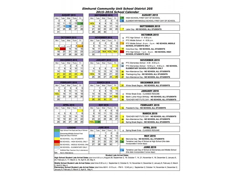 Elmhurst District 205 School Year Calendar 201516 Elmhurst, IL Patch