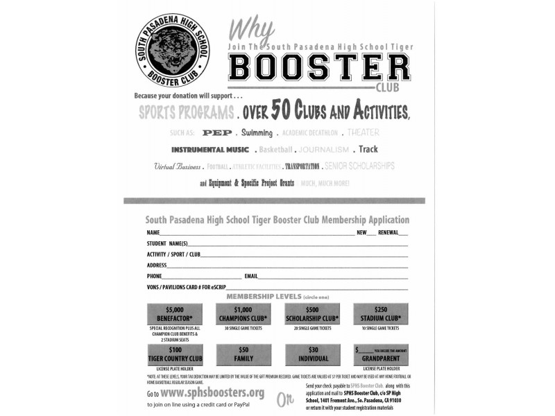 PLEASE JOIN South Pasadena High School's Booster Club!! South