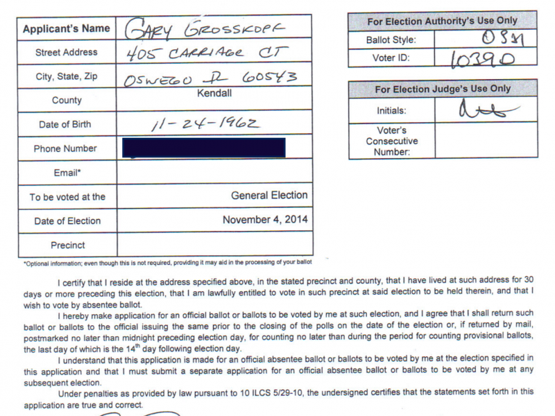 Photos: Grosskopfâ€™s absentee ballot and voter registration form.