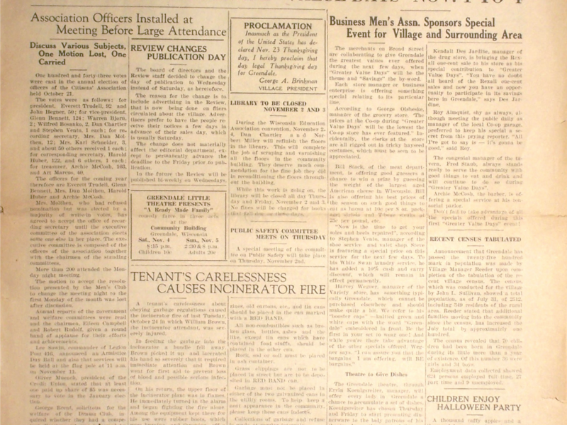 Greendale Review Newspaper Revisited Week 37 11/1/39 Greendale